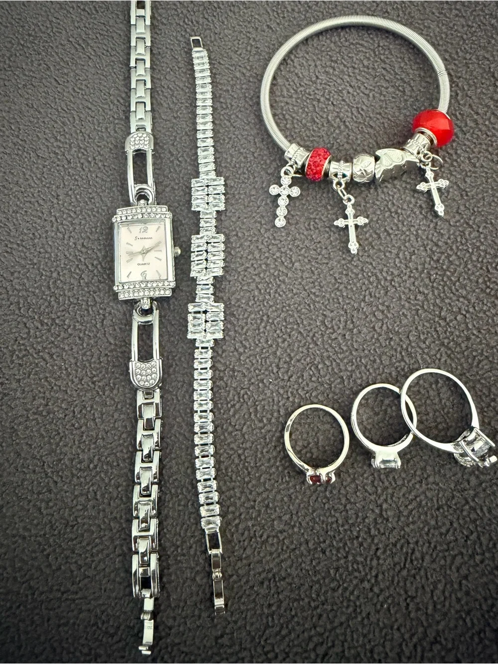 Silver Women’s Watch Set, Charm Bracelet with Red Accent and Cross Charms